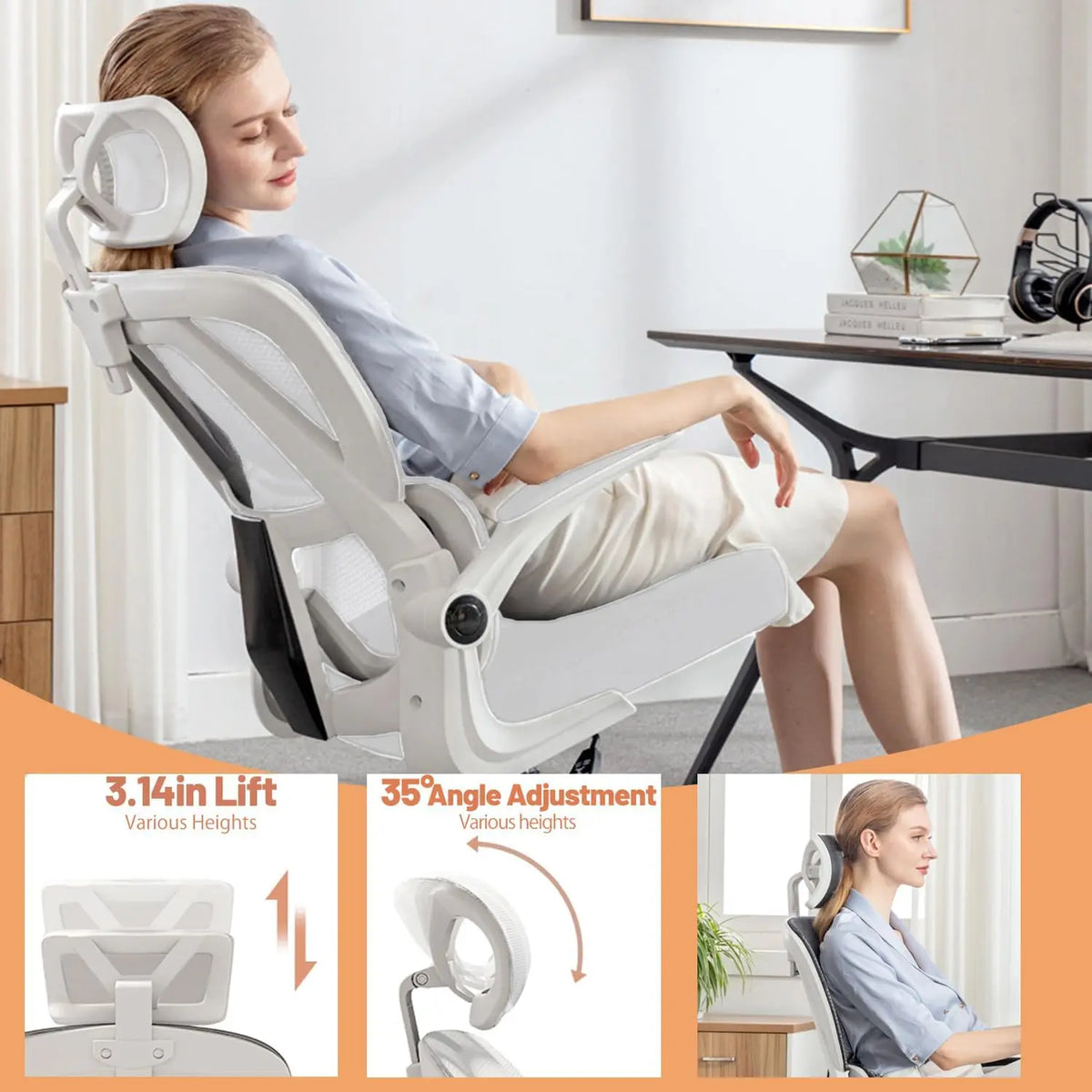 White high-back office chair with adjustable headrest, armrests, and swivel base