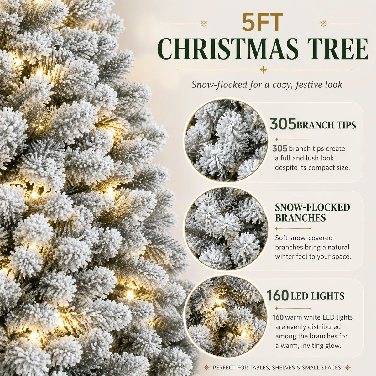 Snow-frosted Christmas tree with warm white LED lights, close-up branch tips graphic