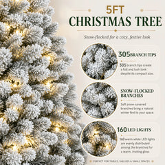 Snow-frosted Christmas tree with warm white LED lights, close-up branch tips graphic