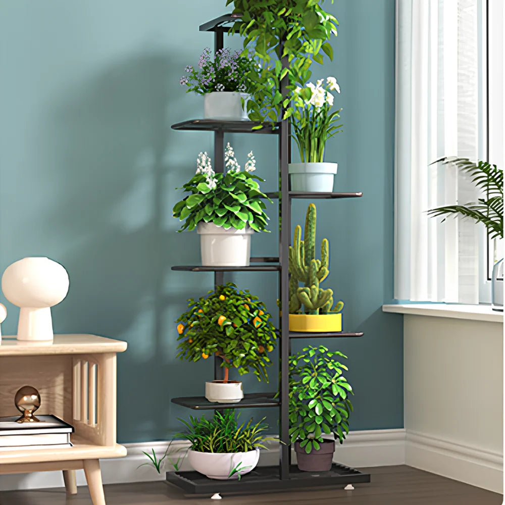 Black 6-tier plant shelf rack with slatted shelves and casters, holding potted plants