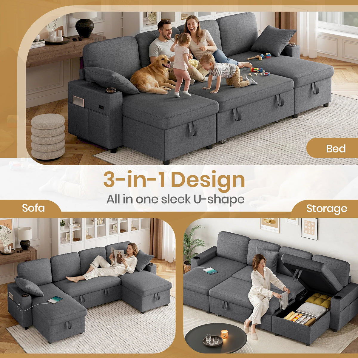 Dark grey fabric U-shaped sofa bed with hidden storage and pull-out sleeper function