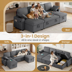 Dark grey fabric U-shaped sofa bed with hidden storage and pull-out sleeper function