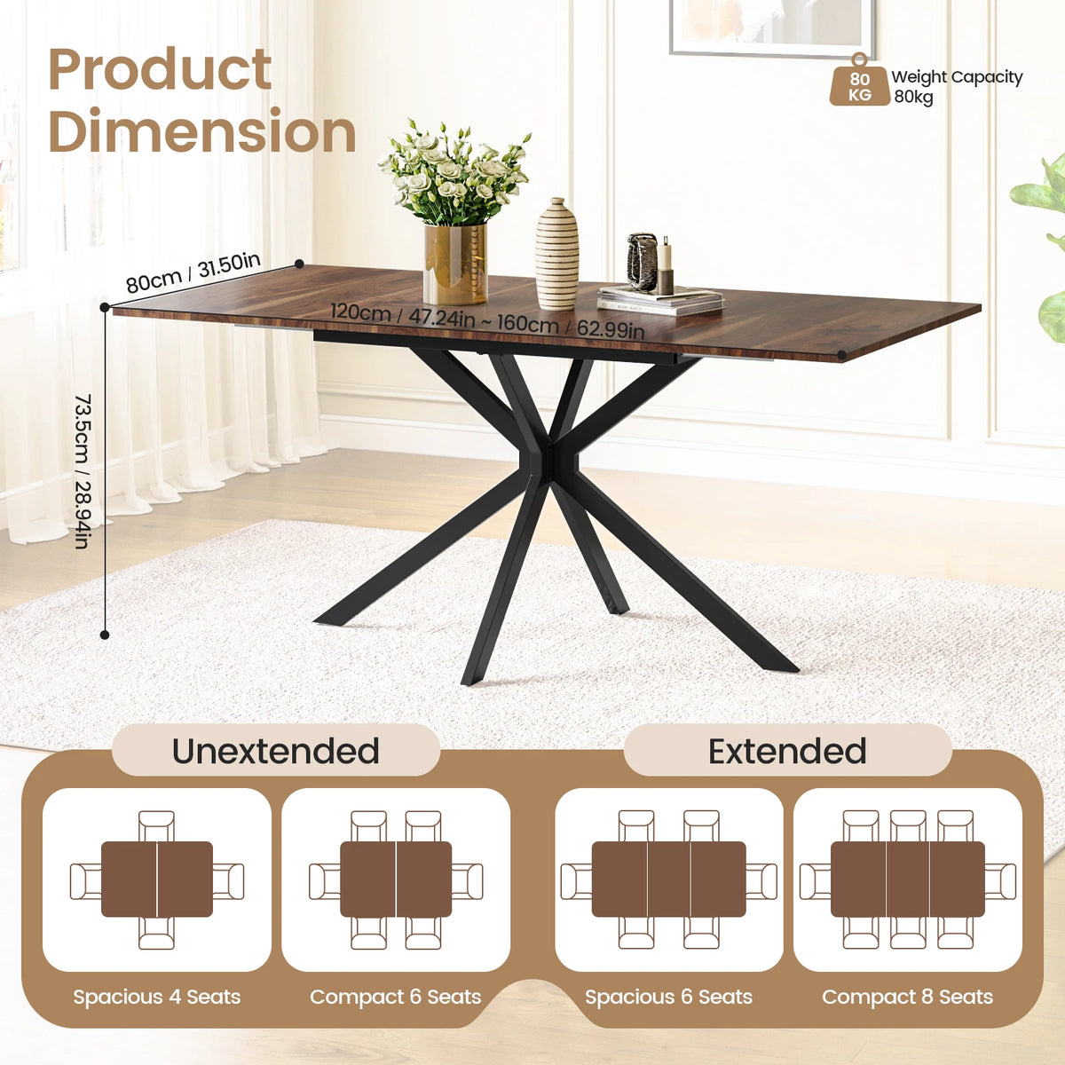 Dining table set layout graphic with unextended and extended seating options, dimensions shown
