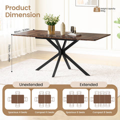 Dining table set layout graphic with unextended and extended seating options, dimensions shown