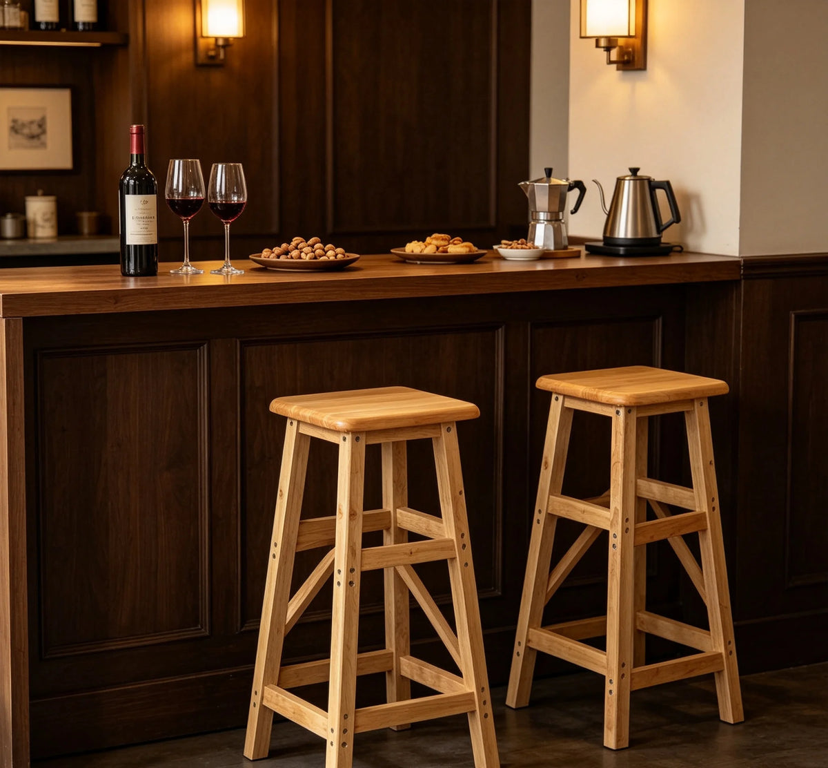 Natural wood square bar stool with footrest, tall kitchen breakfast counter chair