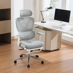 Gray mesh ergonomic office chair with headrest, lumbar support, and chrome base