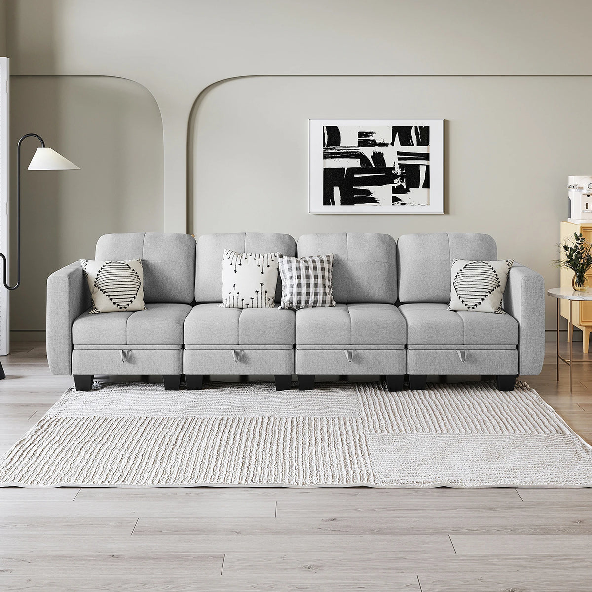 Light gray fabric modular sectional sofa with removable back cushion covers