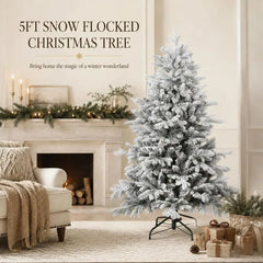 Snow-flocked artificial Christmas tree with full, white branches on a metal stand