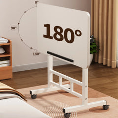 White adjustable standing desk with foldable panel shown at 180 degrees