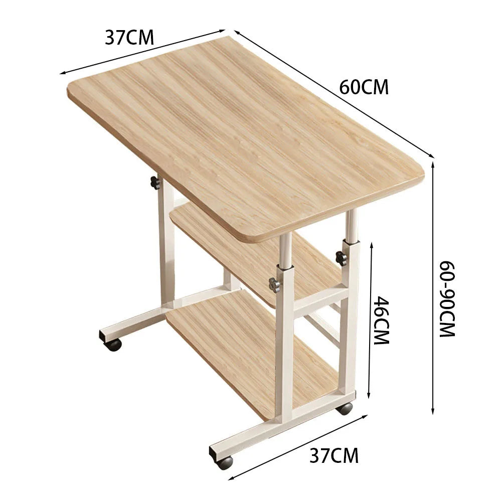Adjustable lift bedside desk with storage shelf, light wood top, casters