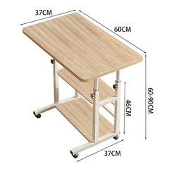 Adjustable lift bedside desk with storage shelf, light wood top, casters
