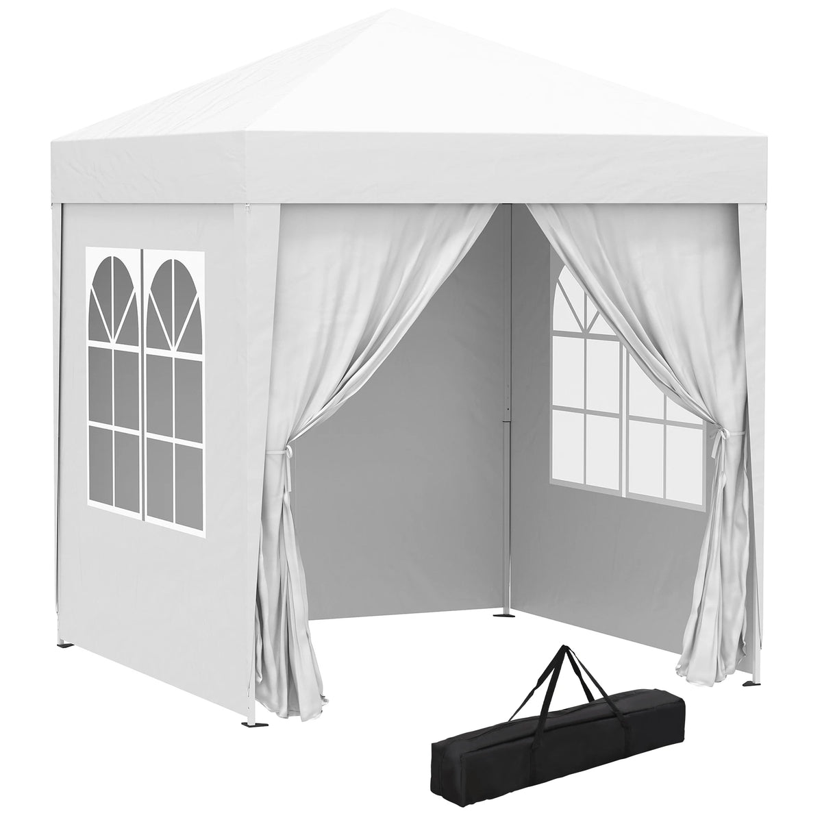 White pop-up garden gazebo tent with window panels, curtain drapes, and carry bag