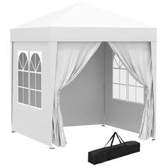 White pop-up garden gazebo tent with window panels, curtain drapes, and carry bag