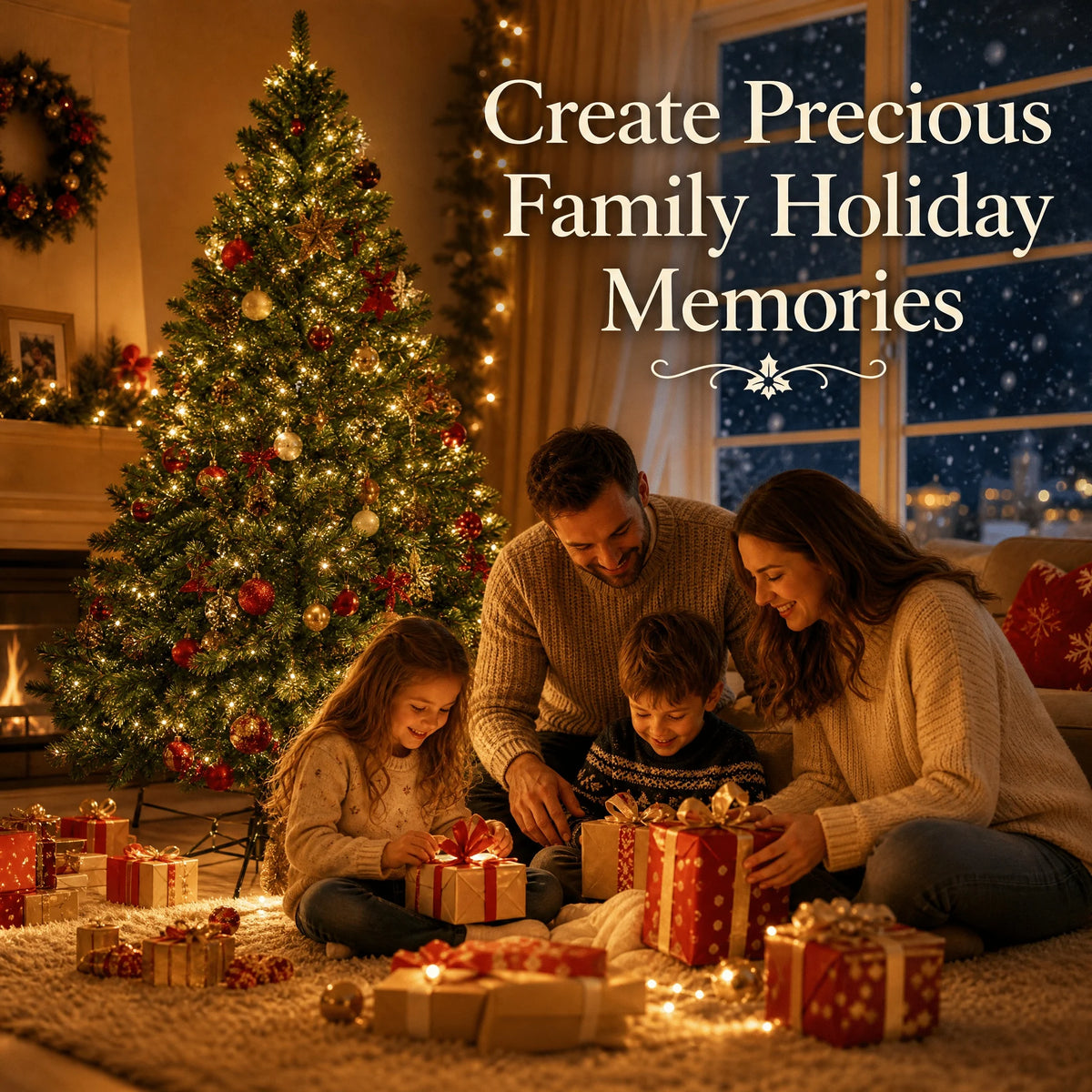 Artificial green Christmas tree with warm white lights and red and gold decorations