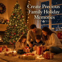 Artificial green Christmas tree with warm white lights and red and gold decorations