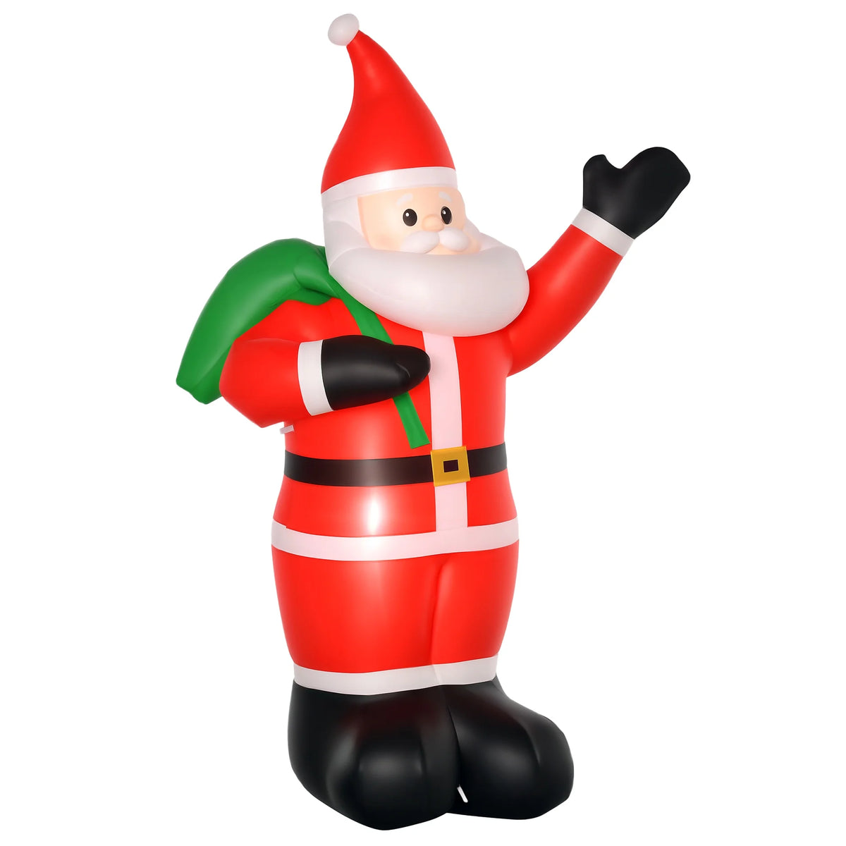 Inflatable Santa Claus holding green gift bag, red hat, striped suit and black boots
