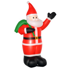 Inflatable Santa Claus holding green gift bag, red hat, striped suit and black boots