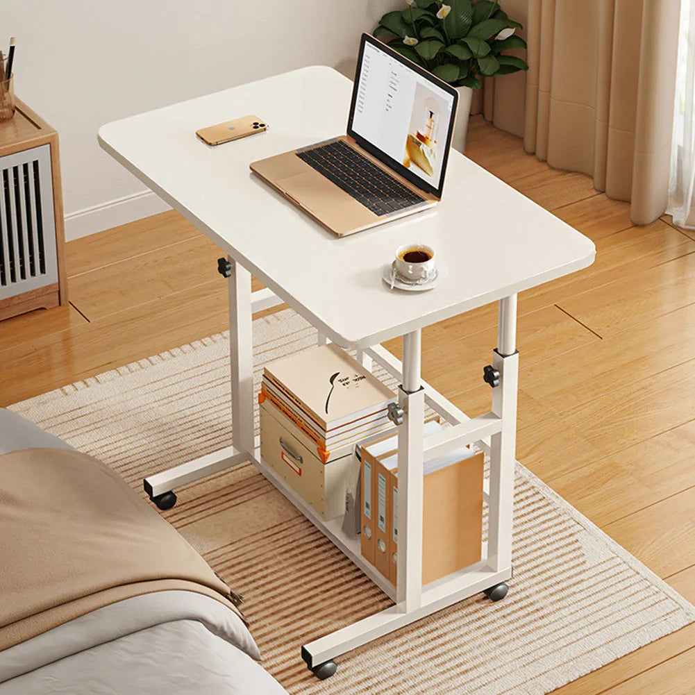 Mobile lift-top bedside desk table with white top and storage shelf