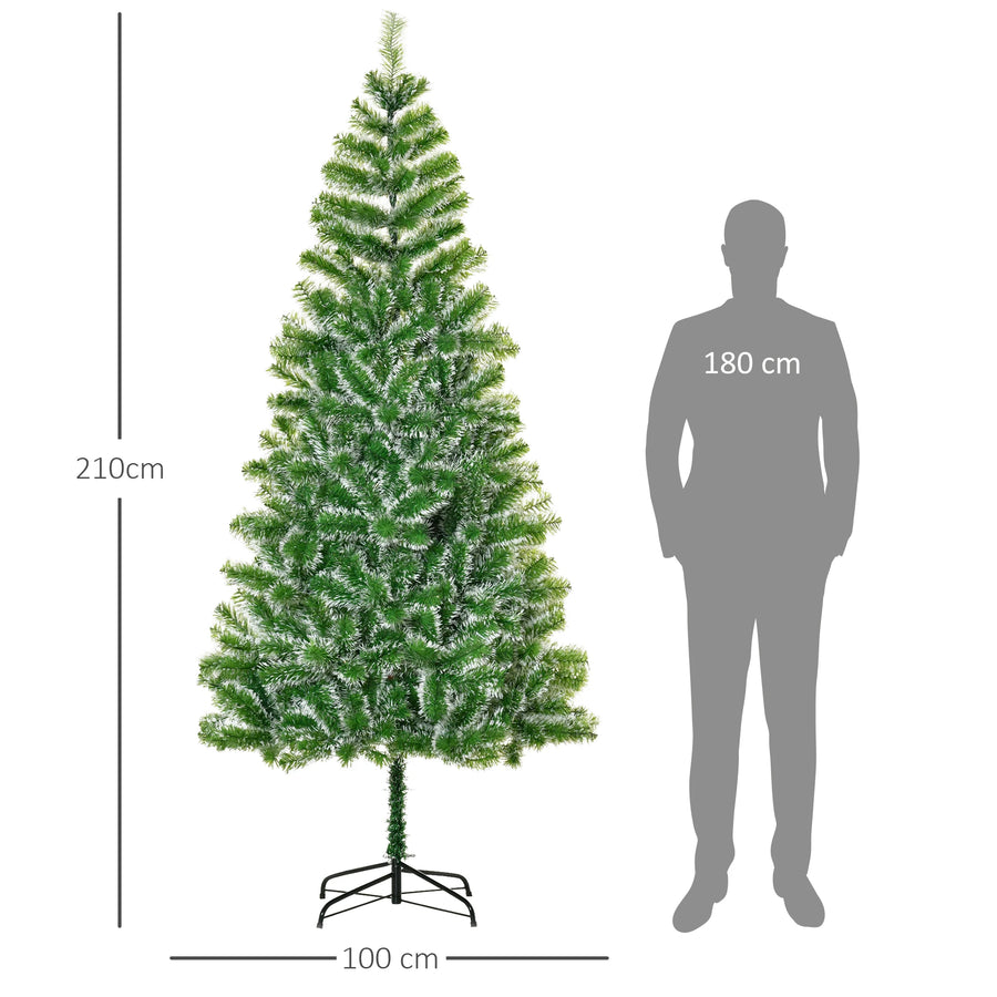 Artificial green Christmas tree on metal stand with size guide overlay.