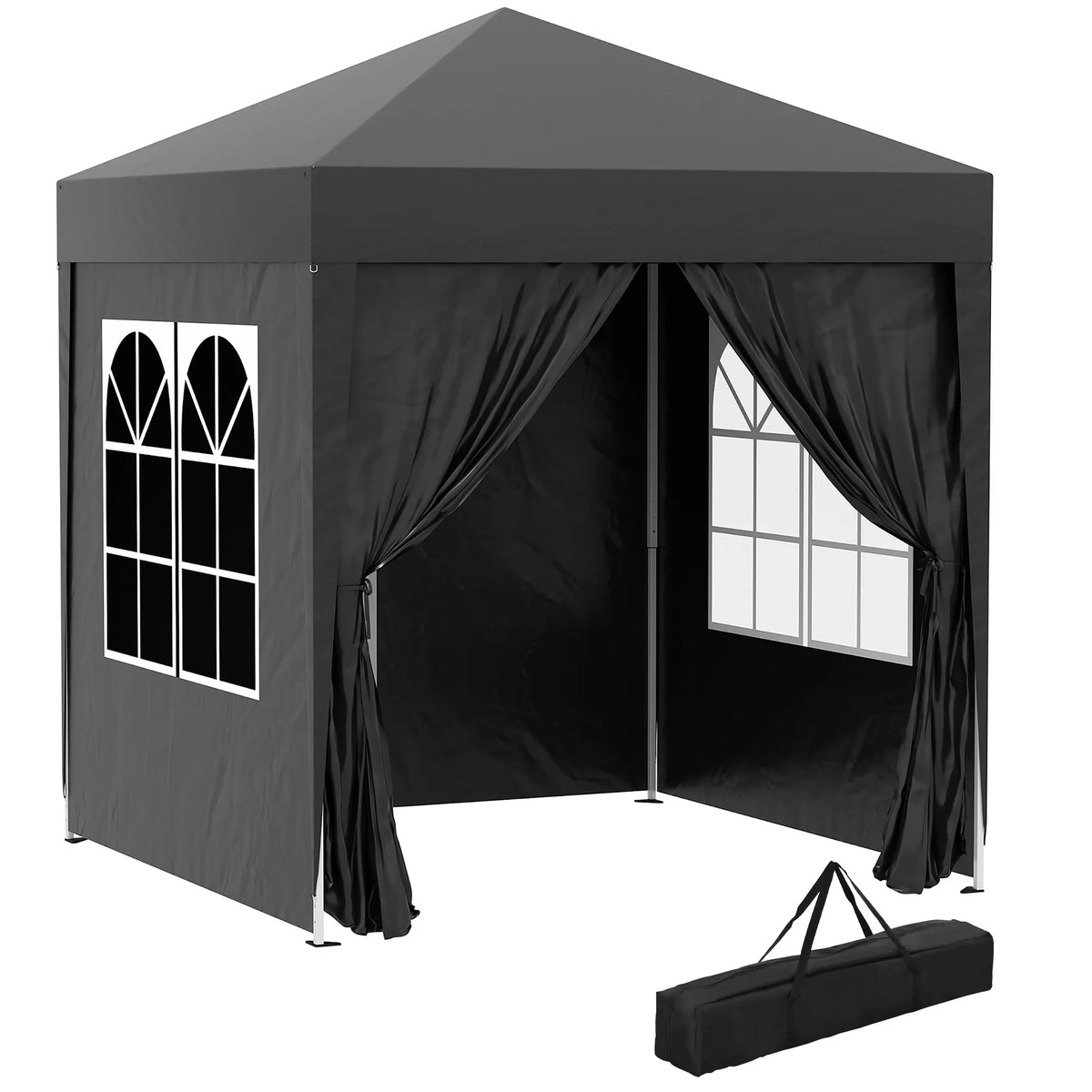 Dark gray pop-up gazebo tent with black curtains, window panels, and carry bag