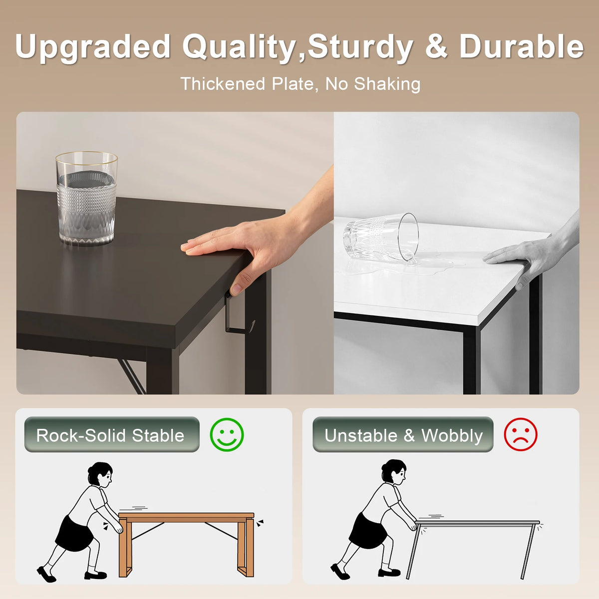 Black computer desk with thick tabletop edge and reinforced metal leg frame