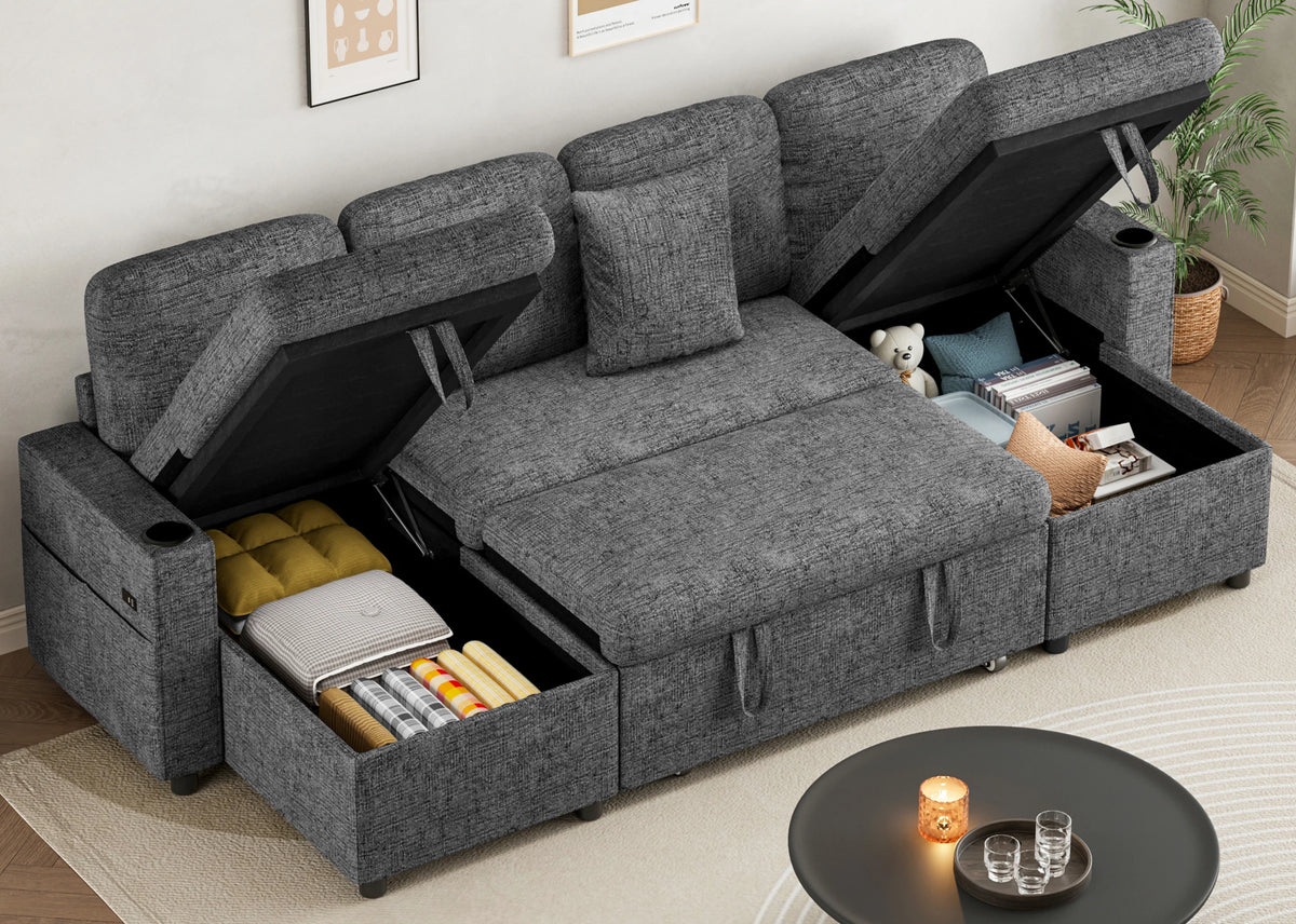 Dark grey sofa bed with chaise open, showing pull-out mattress and under-seat storage