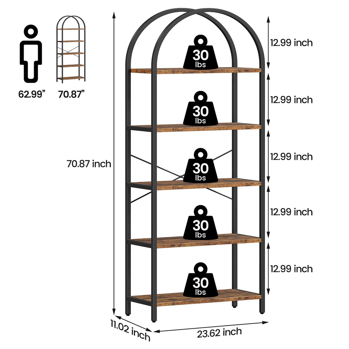 Arched 5-tier metal bookcase dimension diagram with shelf height callouts