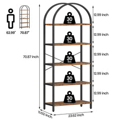 Arched 5-tier metal bookcase dimension diagram with shelf height callouts