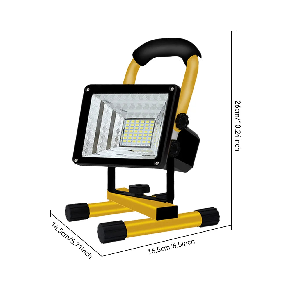 Portable LED flood light with yellow legs and black frame, shown with size dimensions