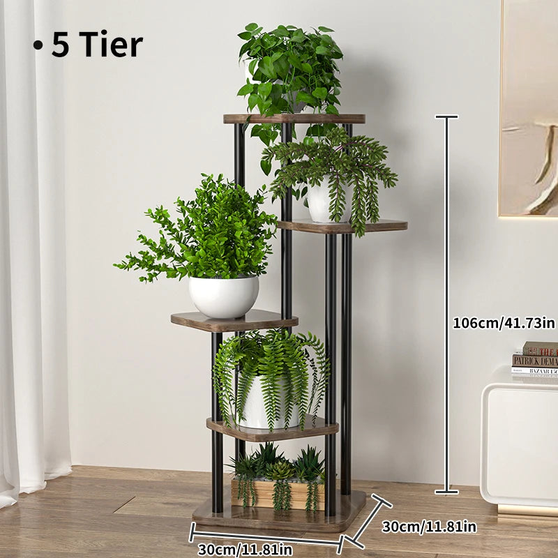 5-tier plant stand with brown shelves, black metal frame, and potted greenery