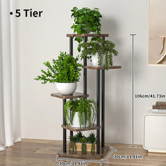 5-tier plant stand with brown shelves, black metal frame, and potted greenery