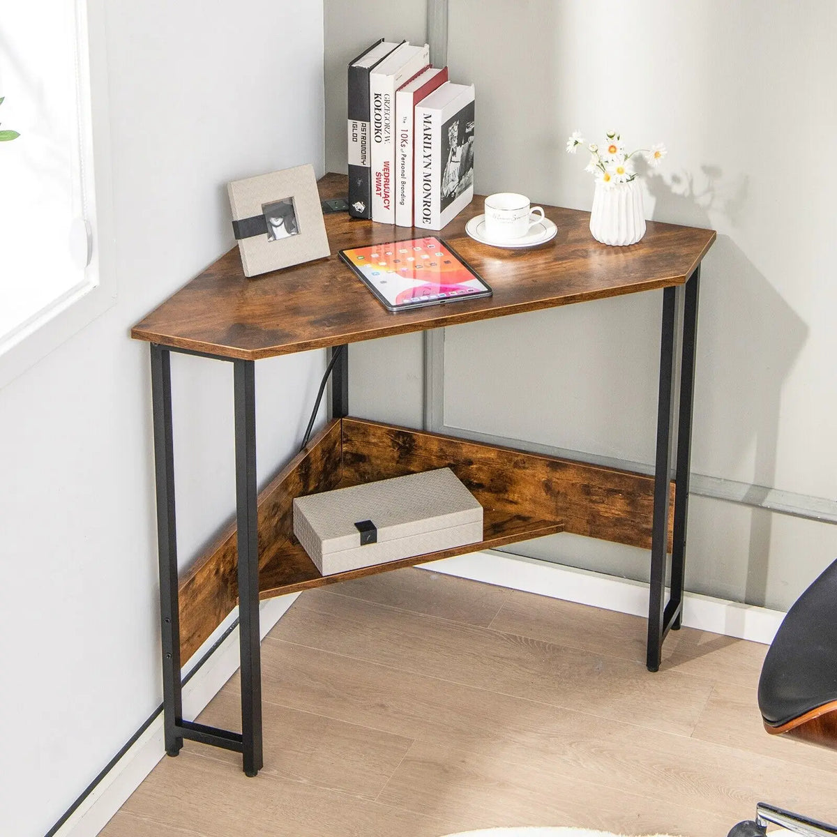 GOFLAME triangle corner desk with brown wood surface and lower shelf, black steel frame