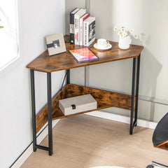 GOFLAME triangle corner desk with brown wood surface and lower shelf, black steel frame
