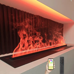 Linear mist fireplace with red flames, sleek frame, and remote controller icon