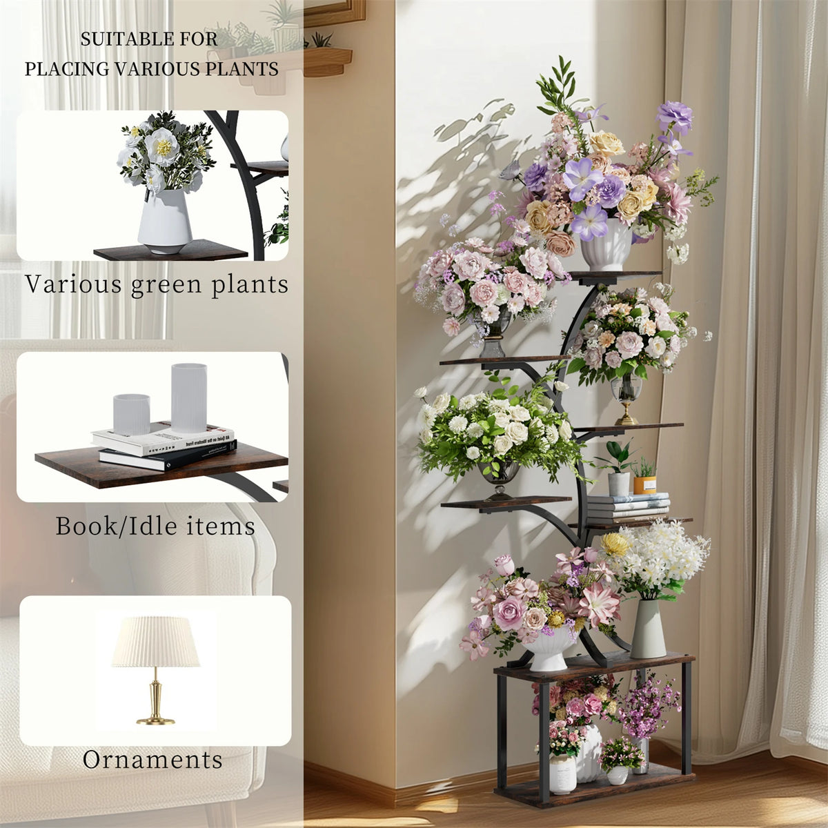 Tree-shaped metal 7-tier plant stand with potted flowers for plants, books, and decor