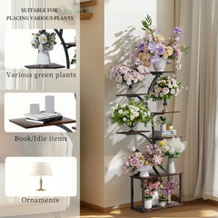 Tree-shaped metal 7-tier plant stand with potted flowers for plants, books, and decor
