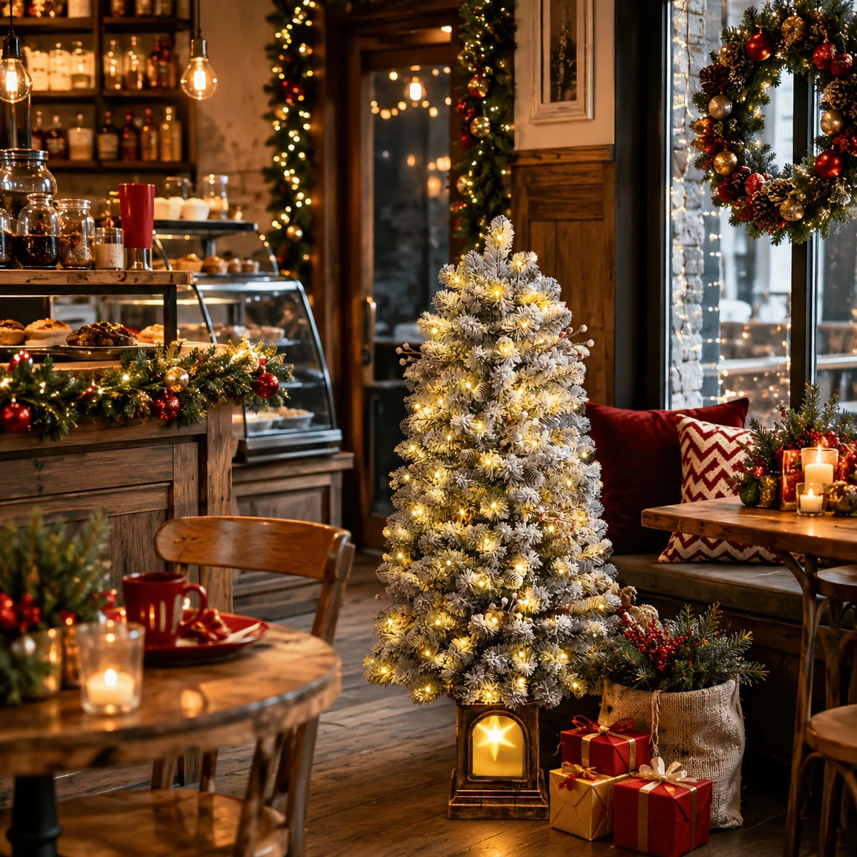 Snow-frosted pre-lit potted Christmas tree with warm white lights and full snowy branches