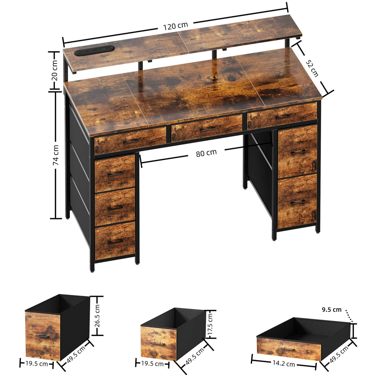 Brown wood-look computer desk with 9 drawers and adjustable leveling feet