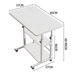 Adjustable lift bedside desk with storage shelf, white top, caster wheels