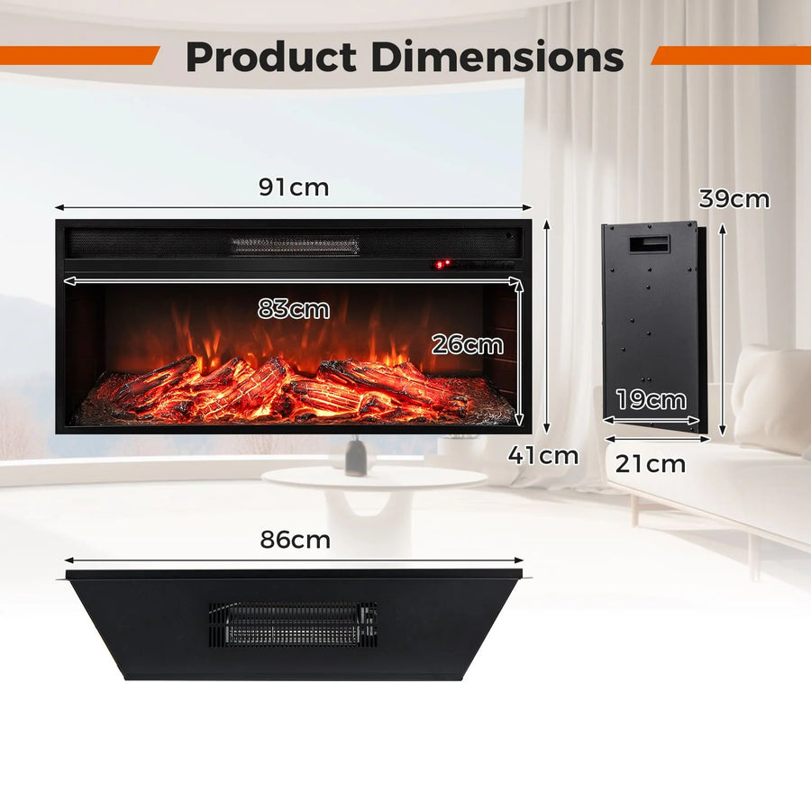 Recessed electric fireplace insert showing flame view and size measurements