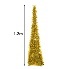 Gold collapsible tinsel Christmas tree, 1.2 m height shown with arrow.