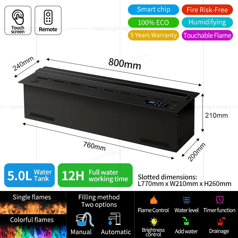 Electric fireplace dimensions diagram, 800mm unit with water tank and remote control