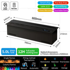 Electric fireplace dimensions diagram, 800mm unit with water tank and remote control