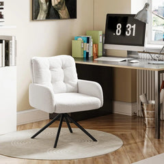 White boucle tub swivel accent chair with thick backrest and black metal tripod legs