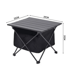 Black folding camping table dimensions 39CM x 33CM x 31CM, slatted top and storage