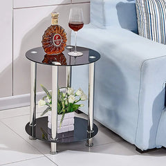 Round 2-tier black glass end table with stainless steel legs