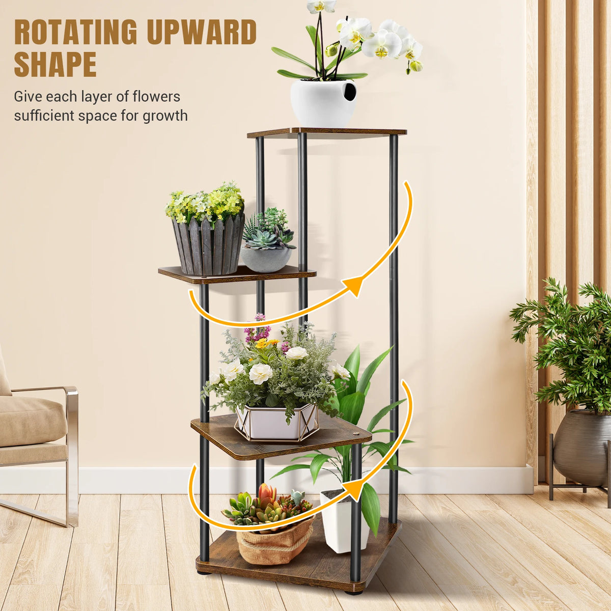 Multi-tier metal plant stand with wooden shelves and curved rotating-style tier layout