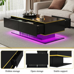 Black coffee table with three drawers, gold trim, and purple LED base lighting