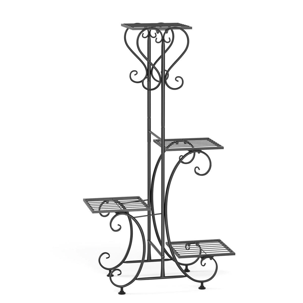 Four-tier black metal plant stand with scrollwork frame and tiered shelves