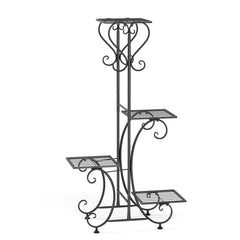 Four-tier black metal plant stand with scrollwork frame and tiered shelves